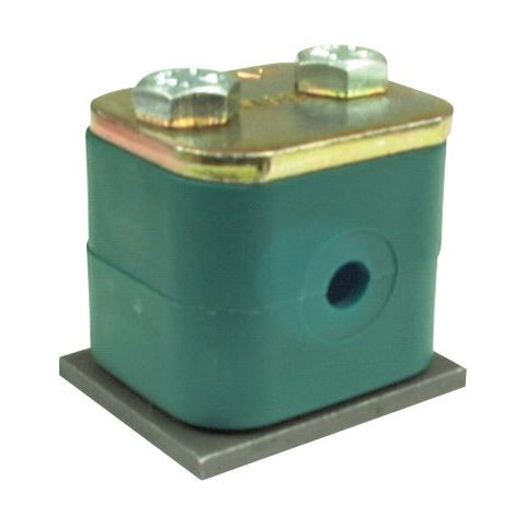 A durable Sparex Single Tube Clamp (Series A) - 22mm Ø (Ref. RAP3 - 322), identified by part number S.54896, featuring a green rectangular body with a metal top plate and two screws, made from polypropylene.