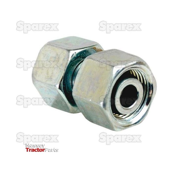 Close-up of a metal hydraulic coupling with hexagonal ends, labeled with "Straight Reducer Coupling GVO15/12L," "Sparex Part No.S.54630," and the brand name "Sparex.
