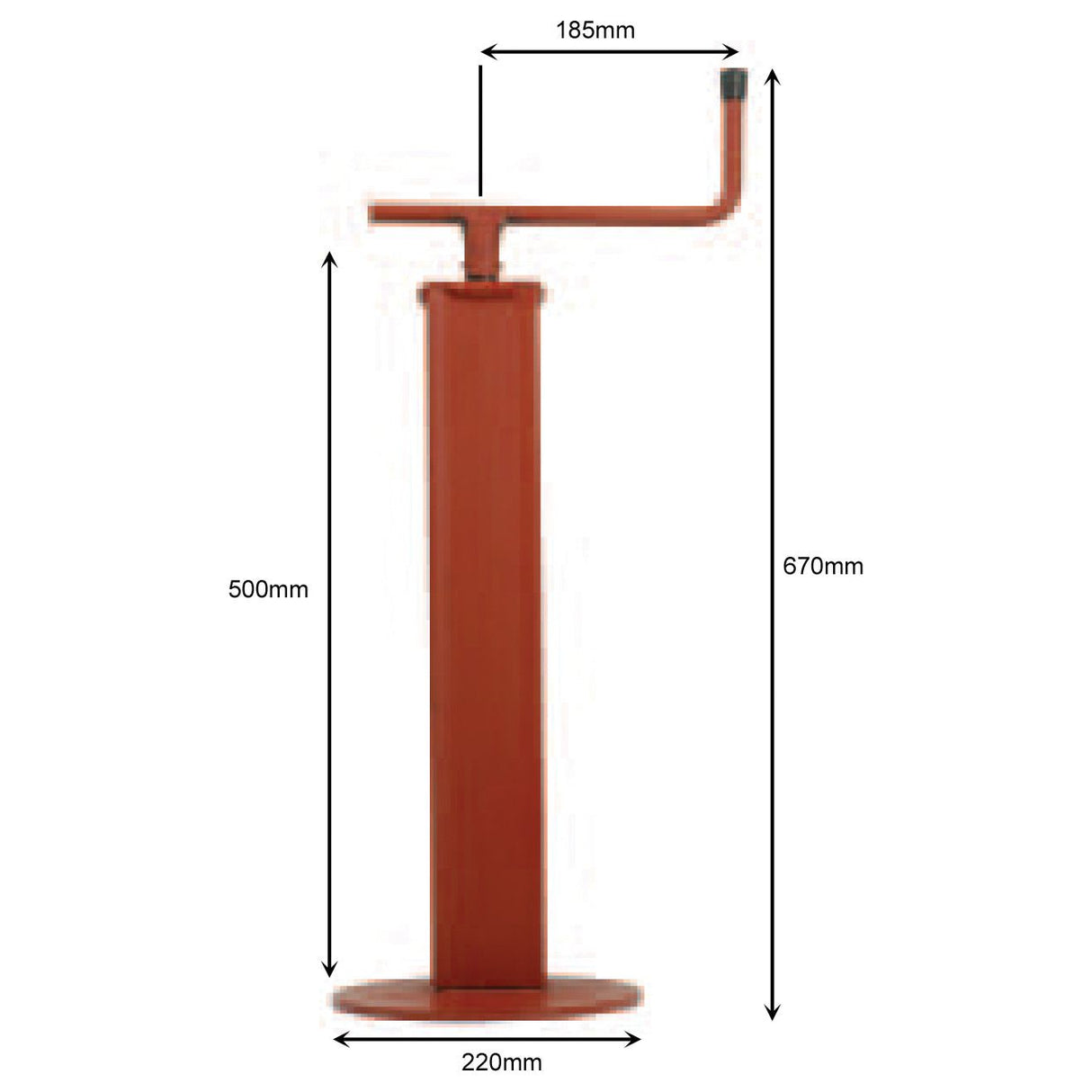 The Parking Jack 1200Kg - S.4066 by Sparex is a red, vertical metal stand made of steel that measures 670mm in height. It features a handle extending 185mm from the top and has a round base with a diameter of 220mm. The central section stands at a height of 500mm, and it can support a maximum static load of 1200Kg.