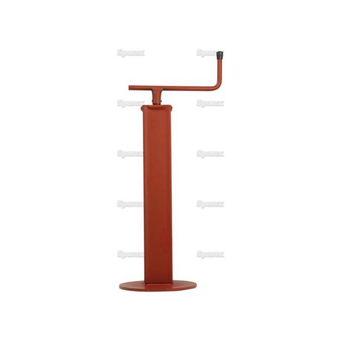 Introducing the Parking Jack 1200Kg - S.4066 by Sparex: This red metal mechanical floor jack features a square base and cylindrical body with a horizontal crank handle on top. Constructed from durable steel, it offers adjustable height and can support a maximum static load of 1200Kg.
