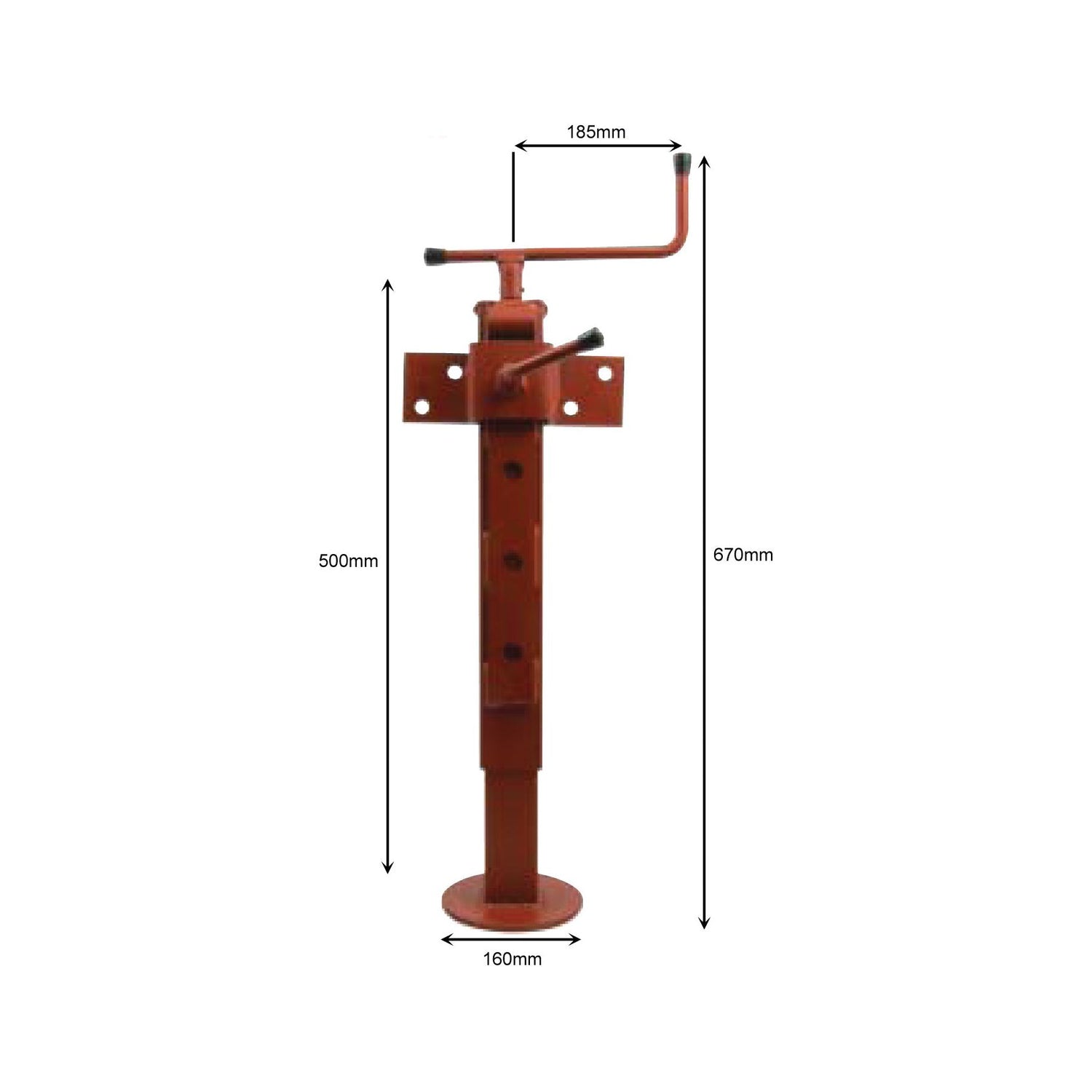 Introducing the Sparex Parking Jack 1000Kg - S.14462: an adjustable steel jack featuring a robust base width of 160mm, a body height of 500mm, and an overall height including the handle of 670mm. Crafted from high-quality steel, it comes with a handle length of 185mm and boasts an impressive maximum static load capacity of 1000Kg.