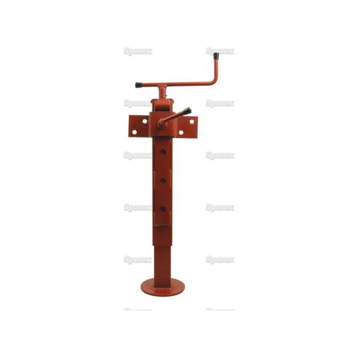 The Parking Jack 1000Kg - S.14462 by Sparex is a red adjustable steel pipe stand that features a hand crank, mounting holes, and an adjustable height range from 500mm to 800mm.