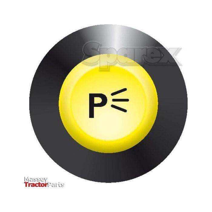 Yellow and black switch cap featuring a “P” icon and dash marks on a white background. The Massey Tractor Parts and Sparex logos are clearly displayed, indicating that it's for the Parking Light Switch | Sparex Part No.S.52803.