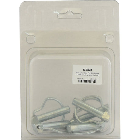 A package containing multiple silver Pear Linch Pins, secured on a clear plastic and cardboard backing. The label reads "Sparex Part No. S.3323," specifying dimensions, including Pin Ø10.5mm x 44.5mm, and price details. Packaged by Agripak for reliable use.
