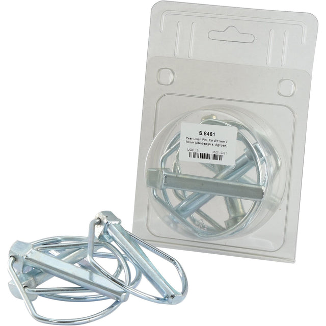 Two pear linch pins with circular designs, one in packaging marked with the Sparex label and printed information, and one out. The pins are mainly used to secure hoses or pipes. A handy tool for ensuring tight connections on any project involving tubing or plumbing.