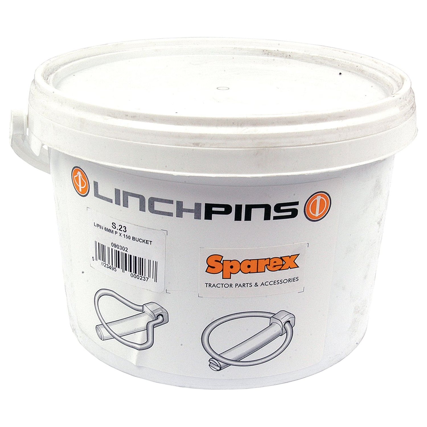 A white plastic bucket of Sparex Pear Linch Pins (Pin Ø6mm x 44.5mm, 150 pcs.) for tractor parts and accessories, featuring product illustrations and labeling on the front.