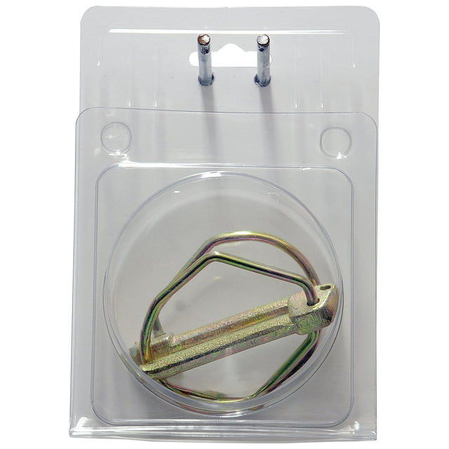 This clear plastic-cased set includes a Pear Linch Pin with an 8mm diameter cylindrical main piece and a curved securing latch, ready for use. It is perfect for integration with Agripak systems or as part of the Sparex product range, under Sparex Part No. S.24638.