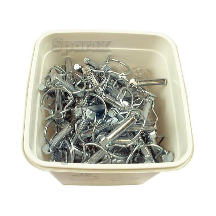 A small bucket containing 150 pieces of assorted Sparex Pear Linch Pins, each Pin Ø11mm x 44.5mm.