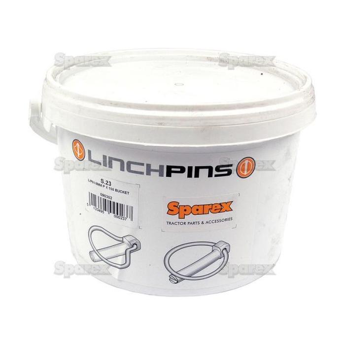 A white plastic container labeled "LINCHPINS" with the Sparex logo and text reading "Sparex Tractor Parts & Accessories." This container, designed for Ø6mm Pear Linch Pin, features a lid and a small handle on the side. It contains the product "Pear Linch Pin, Pin Ø6mm x 44.5mm (150 pcs. Small Bucket)" under Sparex Part No.S.23.