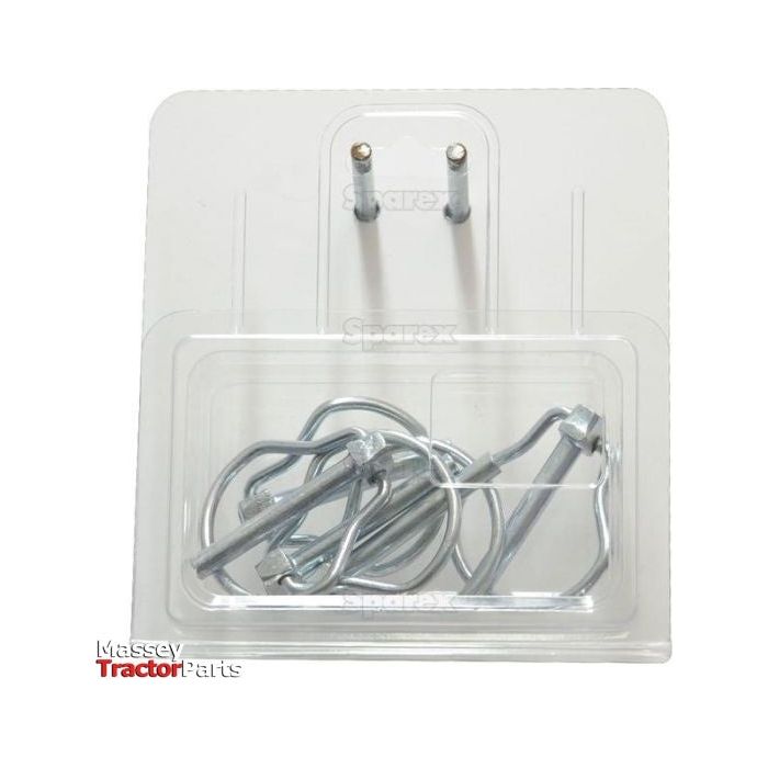 A blister pack containing metal cotter pins and clips labeled "Sparex," with "Massey Tractor Parts" printed on the bottom left corner. The pack also includes a Pear Linch Pin, Pin Ø6mm x 44.5mm (5 pcs. Agripak) for added convenience, identified as Sparex Part No.S.3314.