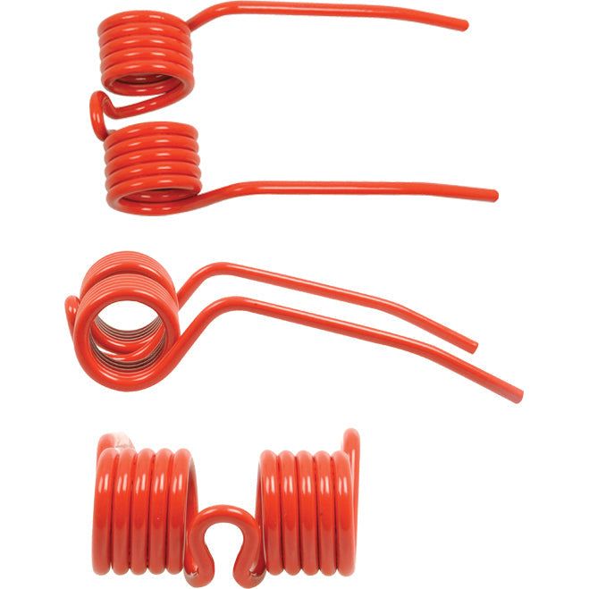 Three red Pick-Up Tines are displayed, each featuring tightly wound coils and extended straight ends. Suitable for JF 1100 as a replacement part, these tines align with the Primary OE Reference by Grange & Walter. The dimensions are Length: 150mm, Width: 70mm, Diameter: 4.9mm, and they correspond to Sparex Part No. S.78066 (fits as: 14330506).