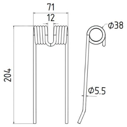 Technical drawing of a Pick-Up Tine with dimensions: 204 mm in length, coil diameter of 38 mm, and wire diameter of 5.5 mm. The top coil section measures 71 mm wide and 12 mm high; the design adheres to Rivierre Casalis standards. This is a Sparex product (Sparex Part No.S.78969) suitable as a replacement for Rivierre Casalis, Vicon, Massey Ferguson, PZ under part number 18606450.