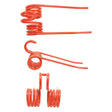 Three red Pick-Up Tines - RH & LH with varying coil and arm configurations, Ø 5.5mm, arranged vertically on a white background. These tines are part of the Sparex collection for Carraro, specifically designed as replacements for part number 30500015 (Sparex Part No.S.78986).