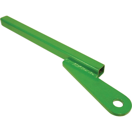 Introducing the Sparex Pickup Hitch Lift Arm Tube LH (Sparex Part No. S.29738), a green metal implement with a rectangular handle and a tapered base featuring a circular hole, perfect for attaching to your John Deere tractor.