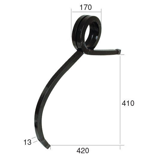 Introducing the Pigtail Tine - 25x25x475 RH, a black, metal, curved rod with dimensions: 170mm in width, 410mm in height, 420mm in length, and 13mm in thickness. Perfect for Universal Tractors or Sparex equipment. Available as Sparex Part No.S.77182.