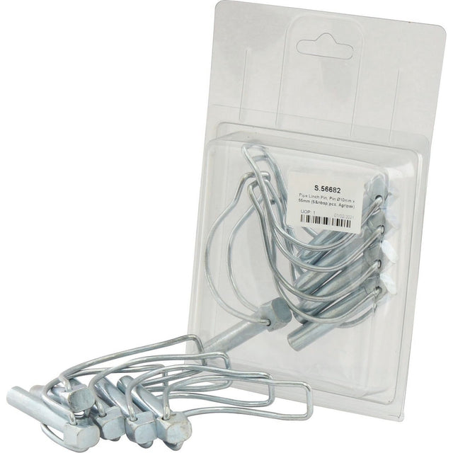 A set of Sparex Pipe Linch Pins (Ø10mm x 55mm, 5 pcs. Agripak) in clear plastic packaging, featuring a white label with specifications and a barcode marked with Sparex Part No. S.56682.