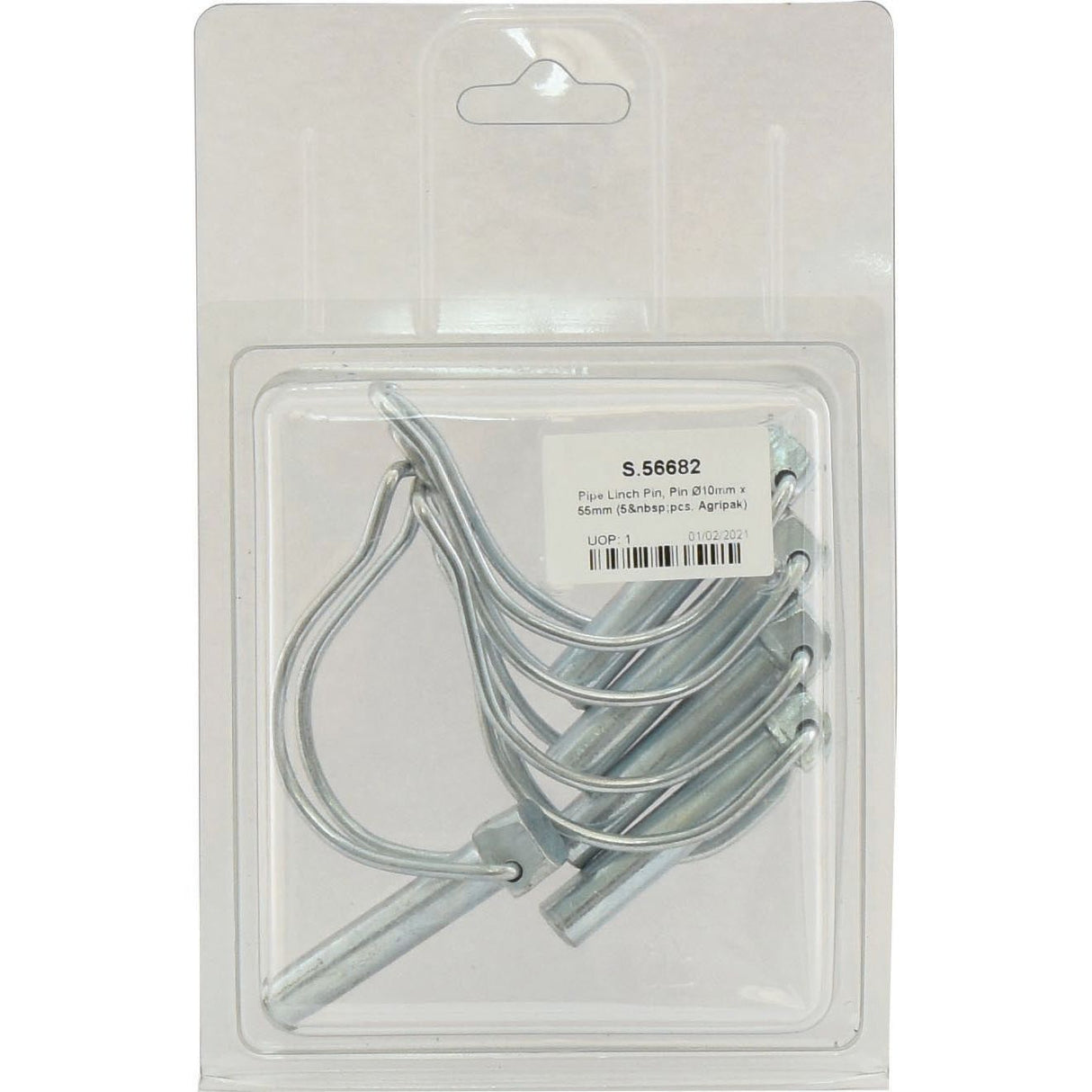 Agripak plastic package containing five Sparex Pipe Linch Pins, each Ø10mm x 55mm, labeled with product information (Sparex Part No. S.56682).