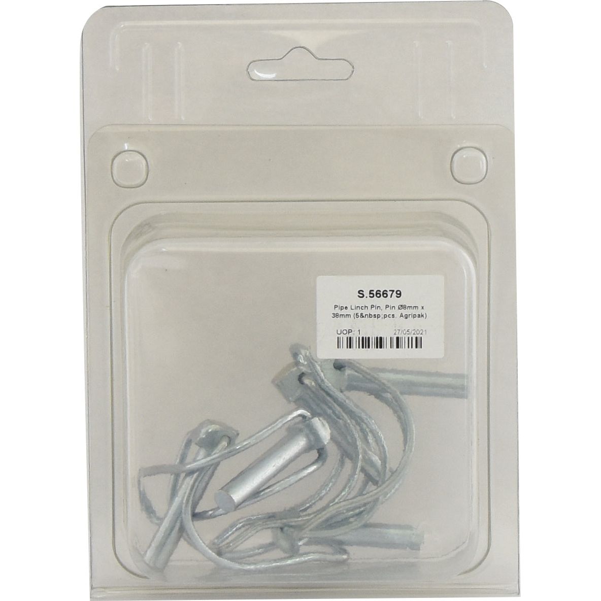 A packaged set of standard duty pipe linch pins, labeled with Sparex Part No. S.56679, features five Ø8mm x 38mm metal pins from the Agripak line that are clearly visible through the plastic packaging.