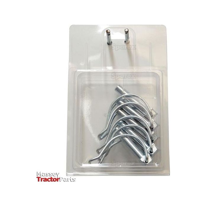 Plastic packaging containing several metal hooks, with a Massey Tractor Parts logo printed at the bottom left corner. Included are Sparex Pipe Linch Pins, Pin Ø10mm x 55mm (5 pcs. Agripak) under Sparex Part No. S.56682, all branded under Agripak.