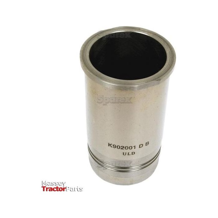A metallic cylindrical engine part, the Sparex Piston Liner (Finished) with Part No. S.61562, engraved with "K902001 D B ULD" and featuring a bore, along with the "Massey Tractor Parts" logo in the bottom left corner.
