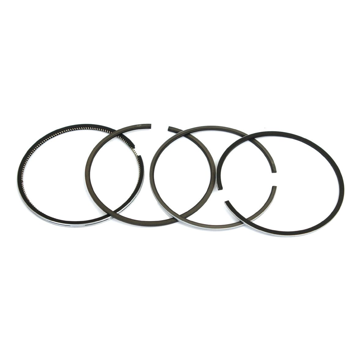 The Sparex Piston Ring +0.040'' (1mm), Part No. S.66066, is a chrome-plated set consisting of four black piston rings, neatly arranged side by side on a white background. Ideal for Ford New Holland engines.