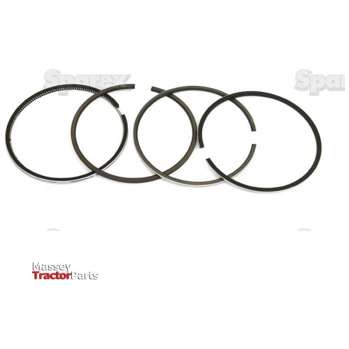 A chrome-plated Piston Ring +0.040'' (1mm) set, featuring four rings arranged in a row against a plain white background, from Massey Tractor Parts and Sparex Part No. S.66066 by Sparex.