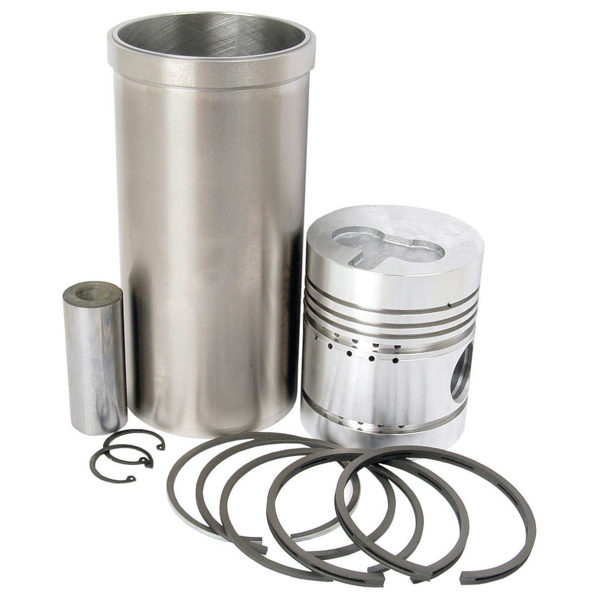Image displaying the Piston Ring and Liner Kit (Sparex Part No. S.41943) by Sparex, featuring meticulously arranged engine components such as a cylinder liner, piston, piston rings, wrist pin, and circlips on a white background. Ideal for anyone working on or restoring their Massey Ferguson diesel engine.