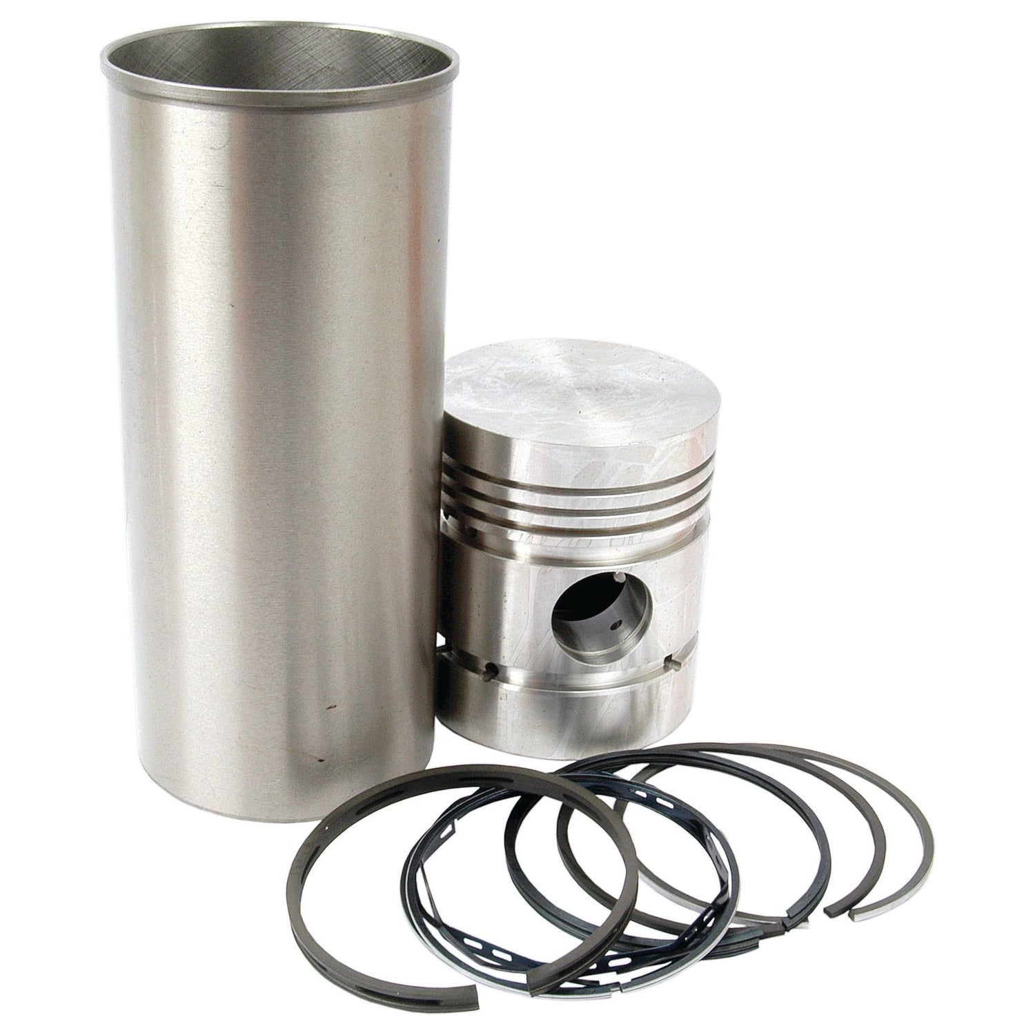 Displayed is a Sparex Piston Ring and Liner Kit | Sparex Part No.S.40445, featuring a metal cylindrical liner, a piston with ribbed lines around the top, and several piston rings. The piston also has a hole in its side.