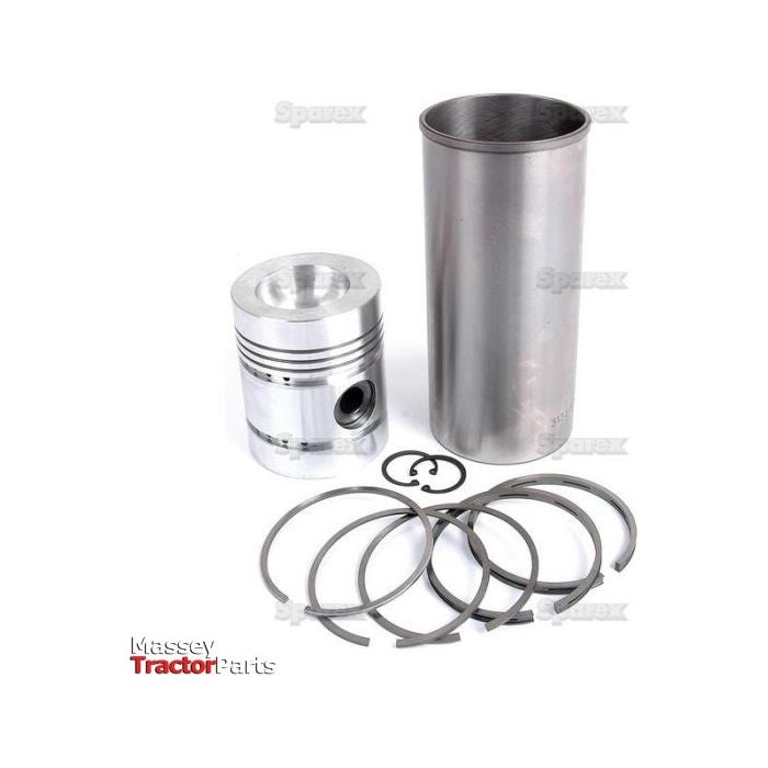 The Piston Ring and Liner Kit, identified as Sparex Part No. S.40449, includes essential engine parts such as a piston, cylinder liner, piston rings, and a retaining clip—specifically designed for Massey Ferguson tractors by the brand Sparex.