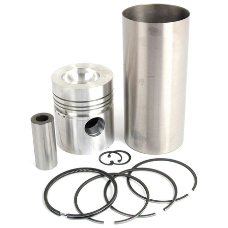 The Sparex Piston Ring and Liner Kit (Sparex Part No.S.40451) consists of metal engine components, including a piston, a cylinder sleeve, a connecting rod, multiple piston rings, and a circlip. The items are displayed on a white surface. This kit is compatible with Massey Ferguson 175 models from the Sparex brand.