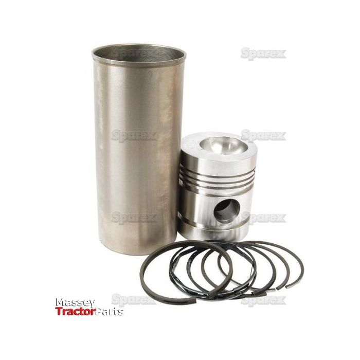 A metal cylinder, a piston, and six piston rings are displayed against a white background. The image features watermarks reading "Sparex" and a logo that says "Massey Tractor Parts," showcasing components from the Piston Ring and Liner Kit | Sparex Part No.S.40454.