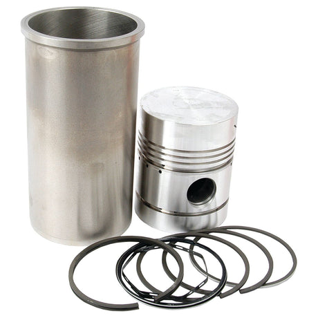 A metal cylinder, a piston, and several piston rings are arranged in a display, reminiscent of the Piston Ring and Liner Kit (Sparex Part No. S.42274). The components could be parts of an engine from the Sparex brand, possibly for a Massey Ferguson model.