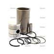 The Sparex Piston Ring and Liner Kit (Part No. S.57845), featuring a sturdy metal piston with multiple rings, a cylindrical liner, and other metal components, is arranged on a white background.