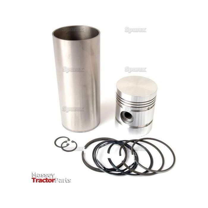 A Piston Ring and Liner Kit from Sparex (Sparex Part No. S.66663), comprising a metal cylinder, piston with pin, retaining clips, and a set of piston rings, is displayed against a white background.