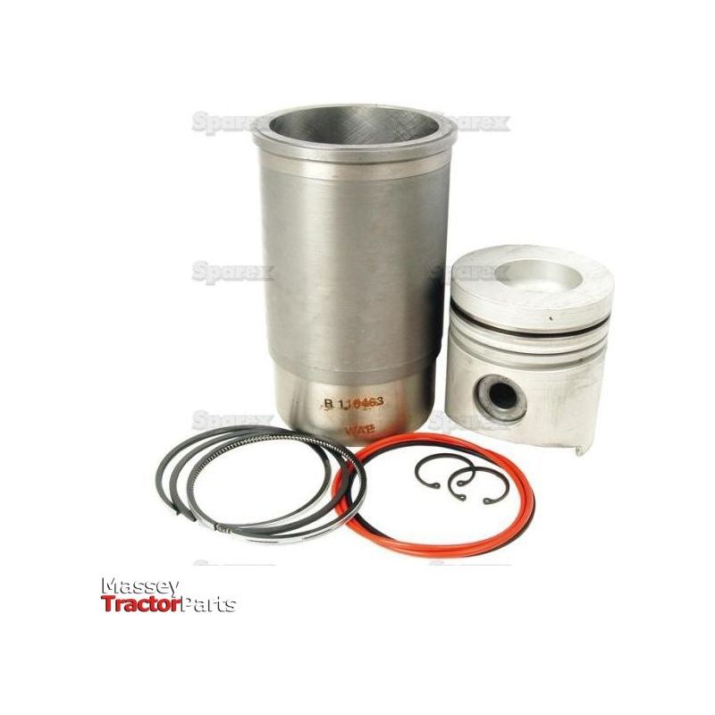 Image of a tractor engine piston kit including a cylinder sleeve, piston, piston rings, and seals. The words "Massey Tractor Parts" are visible at the bottom left. This high-quality Piston Ring and Liner Kit (Sparex Part No.S.72163) ensures your John Deere tractor runs smoothly with components you can rely on from Sparex.