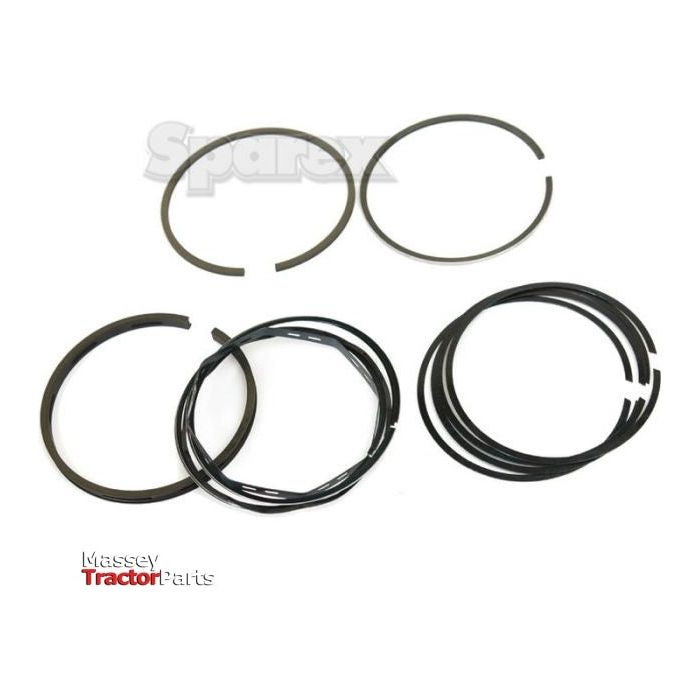 A set of chrome-plated piston rings from Sparex, specifically the Piston Ring | Sparex Part No.S.40418, displayed on a white background. This ring set includes multiple individual rings of varying sizes, ensuring a perfect fit for your tractor. Compatible with Massey Tractor Parts as well as Ford / New Holland models.