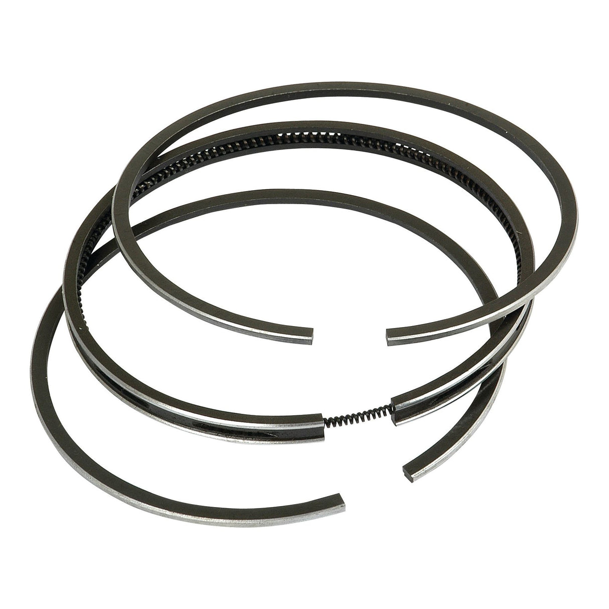 The Sparex Piston Ring set (Sparex Part No. S.40421) features three chrome-plated metallic piston rings with open ends arranged in a cascading manner, ideal for Perkins engines.