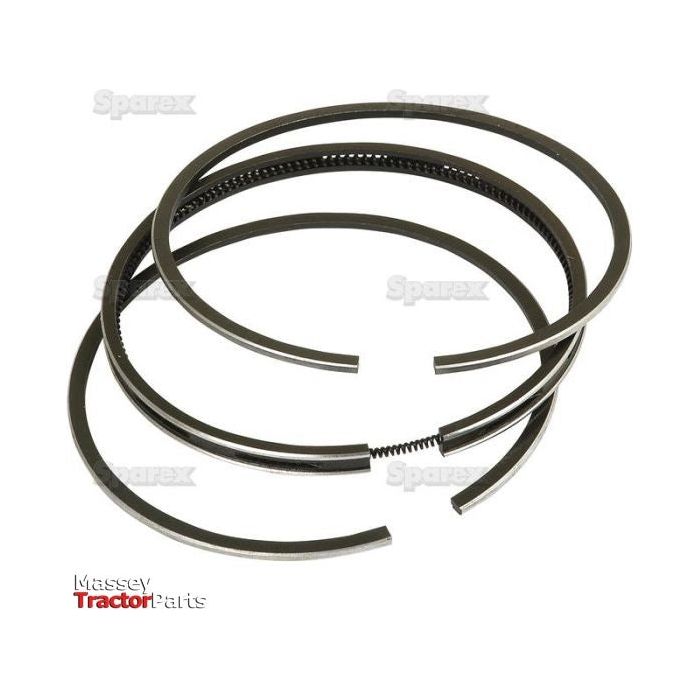 A set of four chrome-plated piston rings in various sizes is spread over a white background. The words "Sparex" and "Massey Tractor Parts" are faintly visible in the background, indicating that this high-quality ring set (Sparex Part No. S.40421) is compatible with Perkins Engines.