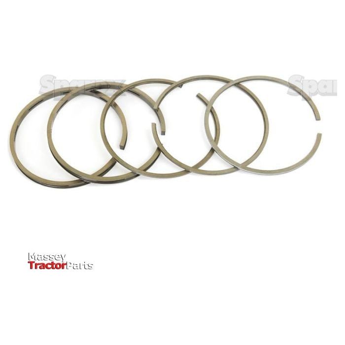 Five chrome-plated piston rings, arranged in a circular pattern against a white background, fitting perfectly as the Sparex Piston Ring set (Sparex Part No. S.40422).