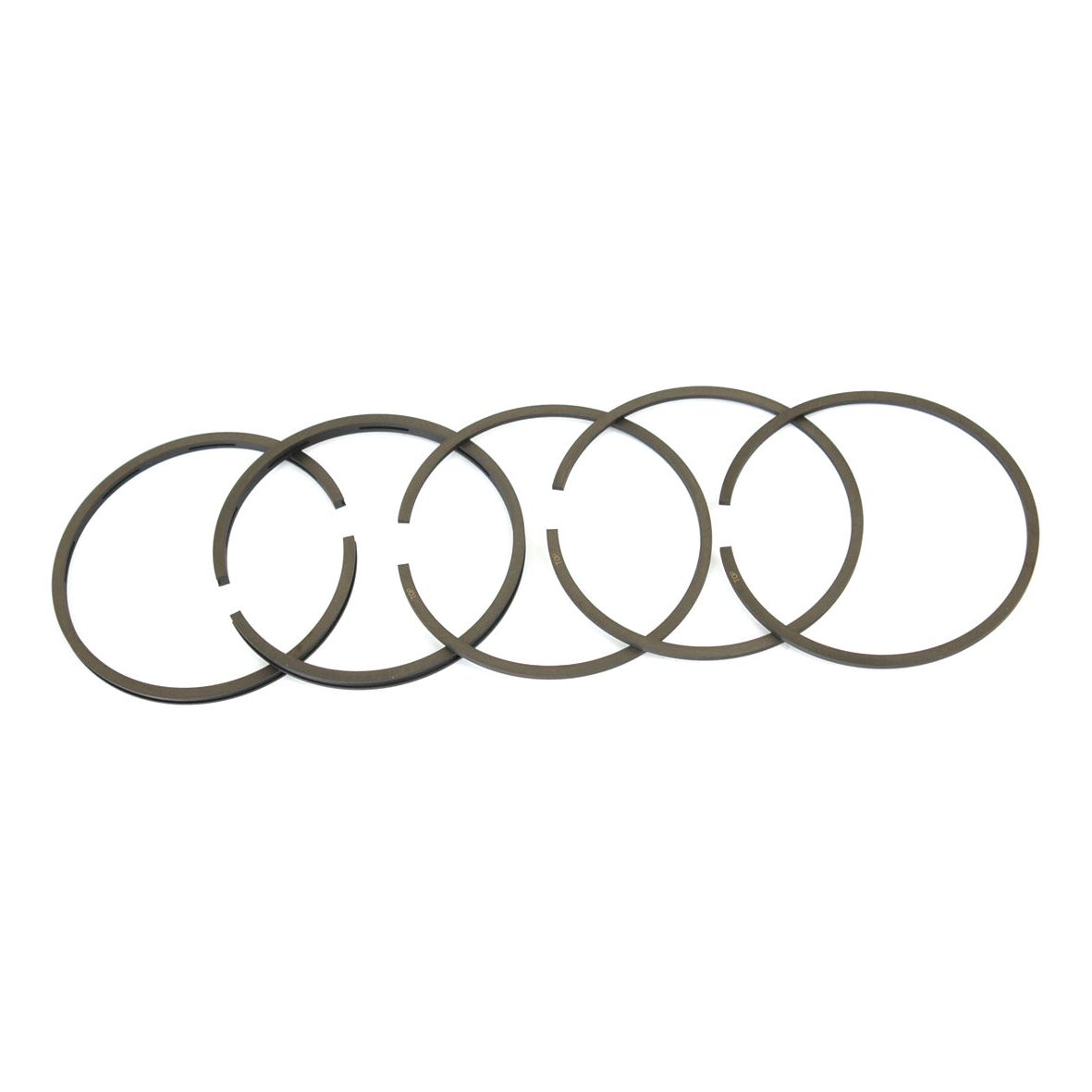 Five thin, circular metal rings with small gaps are aligned horizontally against a white background, reminiscent of Sparex Piston Ring (Sparex Part No. S.41614) used in Massey Ferguson machinery.