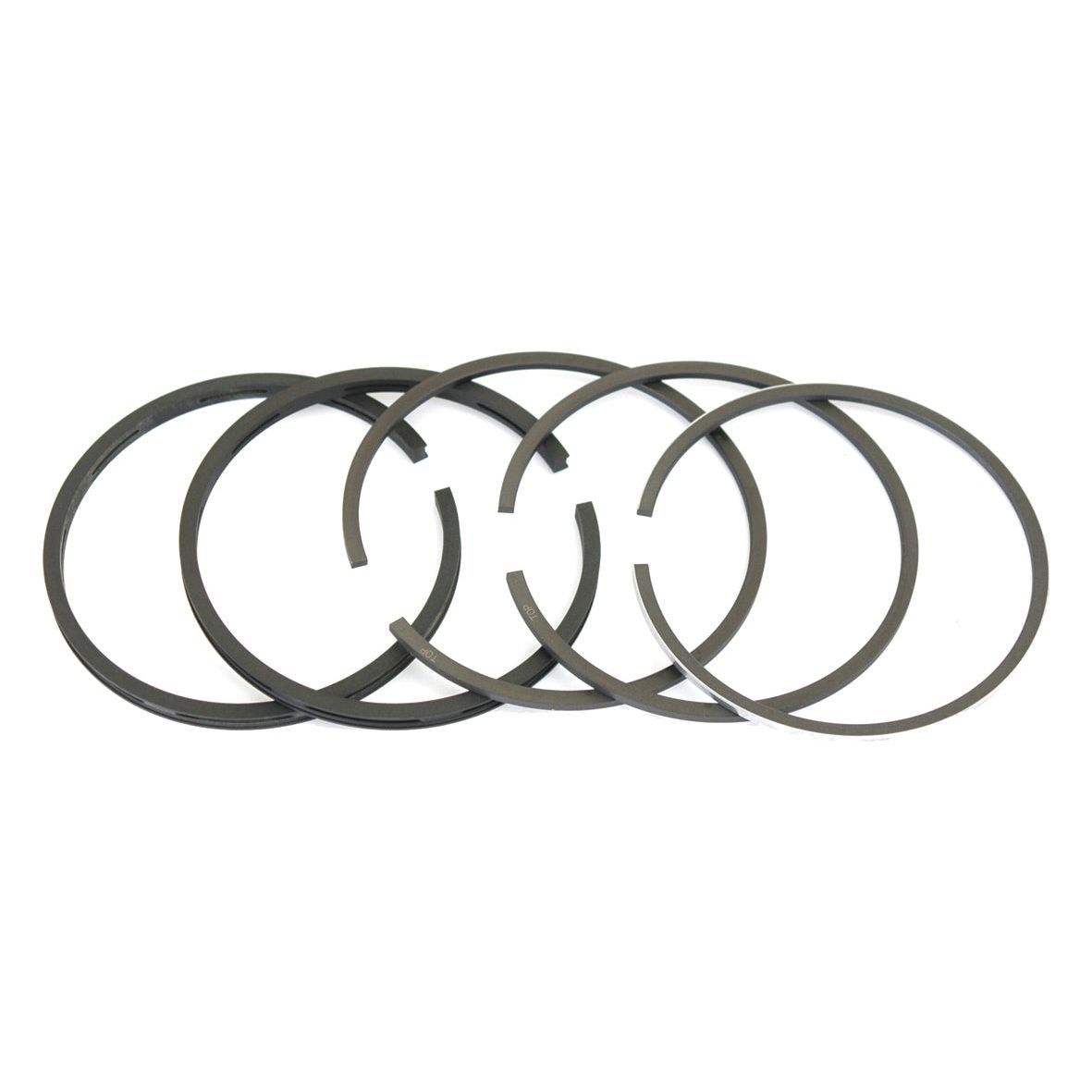 Five black piston rings, compatible with a 23C 4 Cyl Diesel Engine, from the Sparex brand (Part No. S.42135), are neatly arranged on a white background.