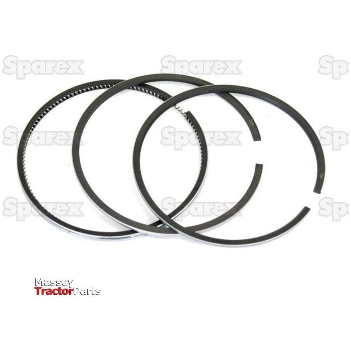 Three Piston Rings | Sparex Part No. S.42207, chrome-plated metal in varying sizes, placed on a white background with the "Sparex" logo and "Massey Tractor Parts" branding.
