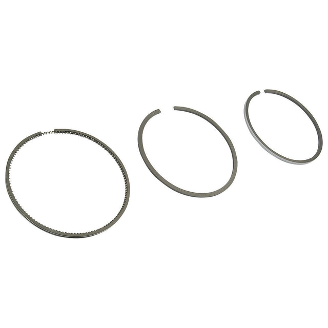Three Sparex piston rings of various sizes and designs are arranged in a row on a white background, showcasing the chrome-plated precision of the high-quality Piston Ring | Sparex Part No. S.43267 set.