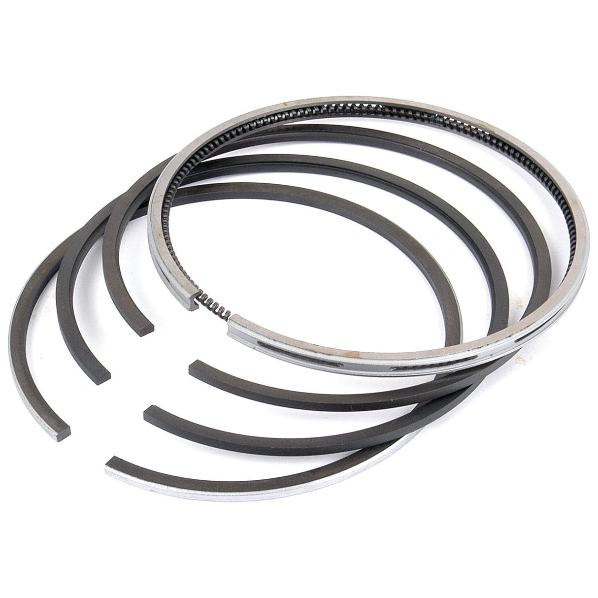 A set of five Sparex Piston Ring (Sparex Part No. S.4940419) arranged side by side in a metallic, curved formation.