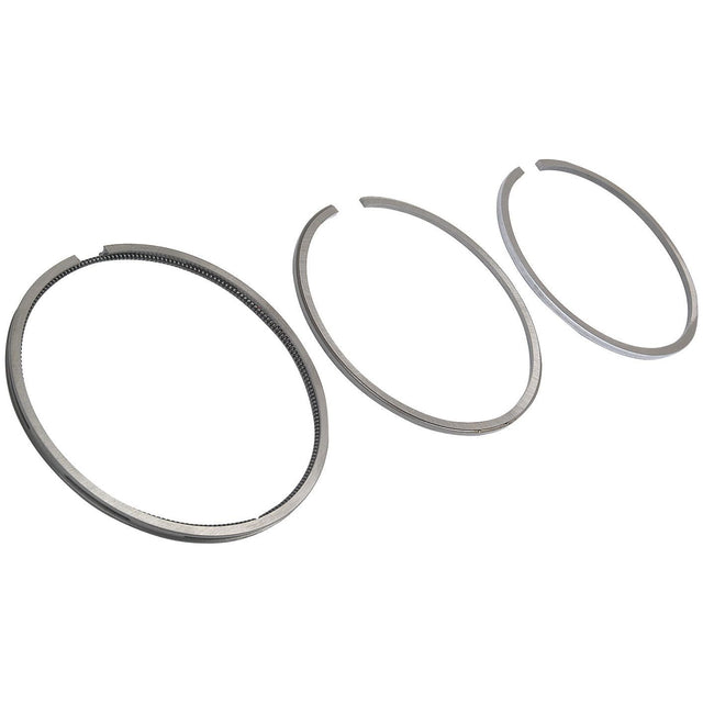 A Sparex chrome-plated ring set, part number S.57632, featuring three metal piston rings of varying sizes, positioned next to each other against a plain background.
