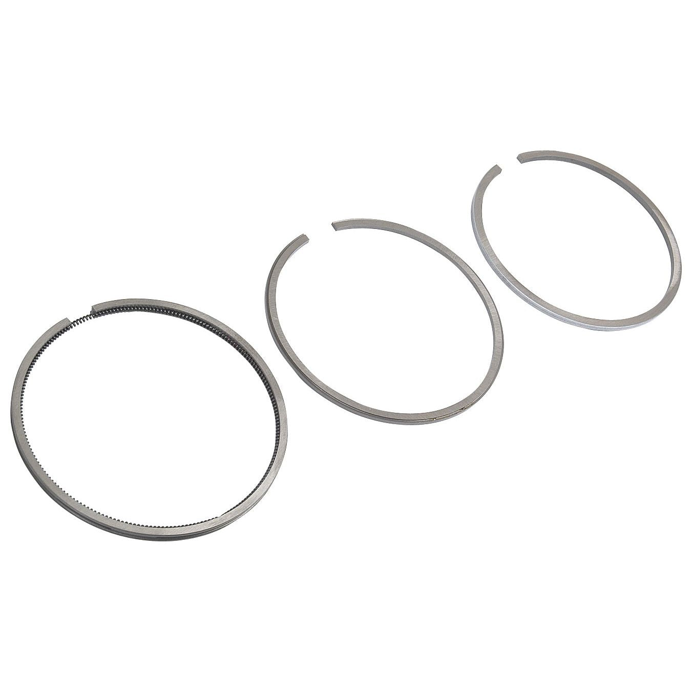 Three metal piston rings, including a set of smooth chrome-plated Piston Rings (Sparex Part No. S.57632) and one textured ring from the Sparex brand, are displayed in a row on a white background.