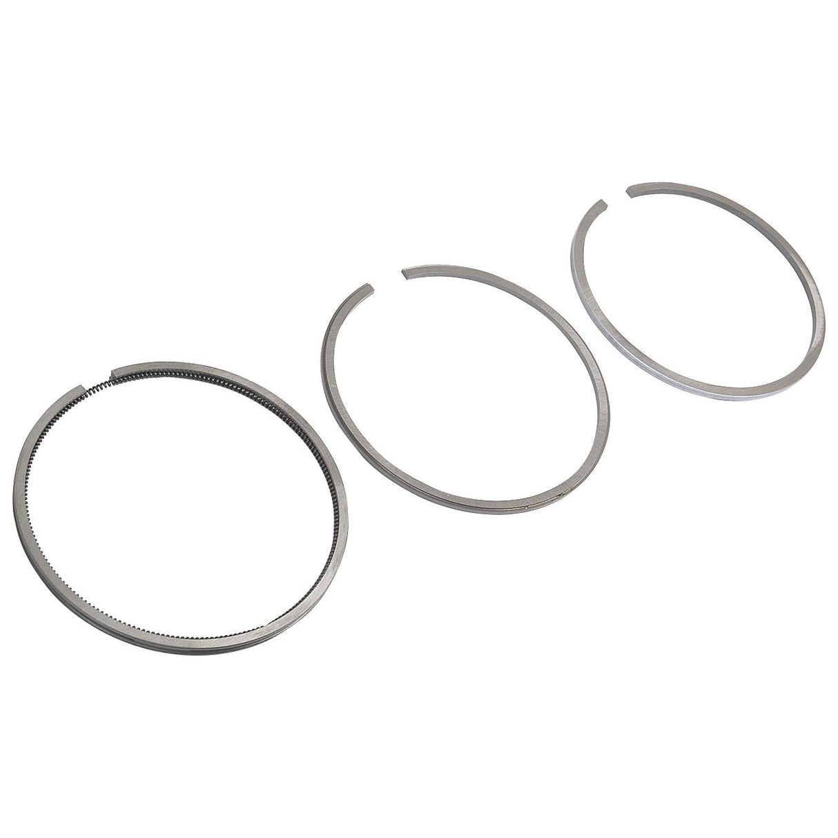 Three metal piston rings, including a set of smooth chrome-plated Piston Rings (Sparex Part No. S.57632) and one textured ring from the Sparex brand, are displayed in a row on a white background.