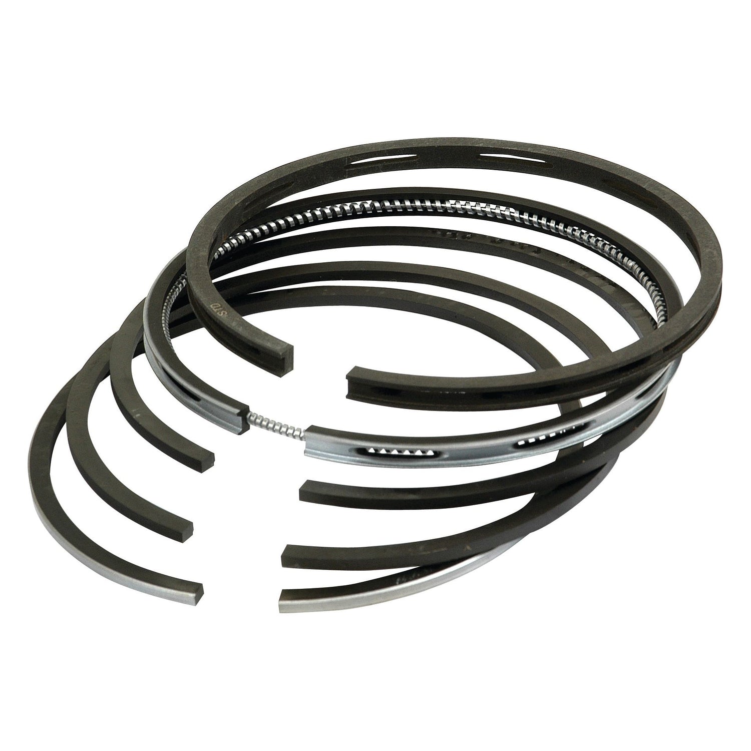 A set of Sparex Piston Rings (Part No.S.57635) in black and silver, available in various sizes and arranged in a semi-stacked, partially overlapping manner, featuring durable chrome-plated rings.