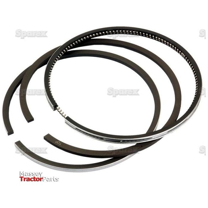 Set of four black piston rings arranged in a circular formation, with the Massey Tractor Parts logo and the brand name "Sparex" visible in the background. This ring set, specifically the Piston Ring Std. (Sparex Part No.S.60060), includes molybdenum coated keystone edges for enhanced performance.