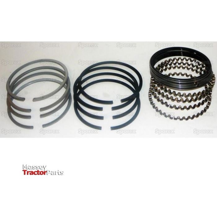 Three sets of piston rings for tractors: one gray, one black, and one metallic with a wavy pattern, displayed on a white background. "Massey Tractor Parts" text is at the bottom left. Perfect Ring Set for Ford / New Holland and Sparex tractors. Product Name: Piston Ring | Sparex Part No.S.60853 by Sparex.